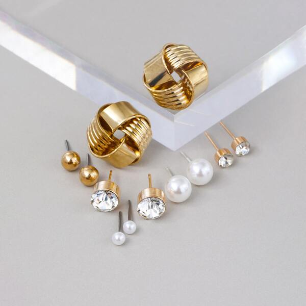 

6pairs Rhinestone & Faux Pearl Decor Stud Earrings, Gold