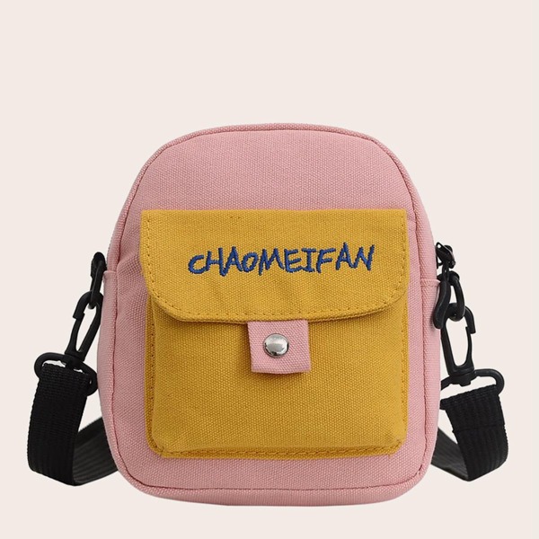 

Letter Embroidered Color Block Crossbody Bag, Pink