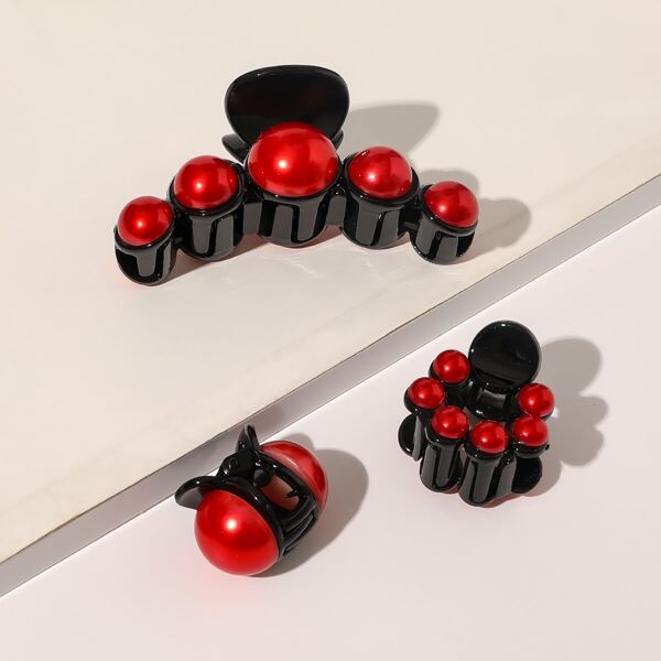 

3pcs Faux Pearl Decor Hair Claw, Multicolor