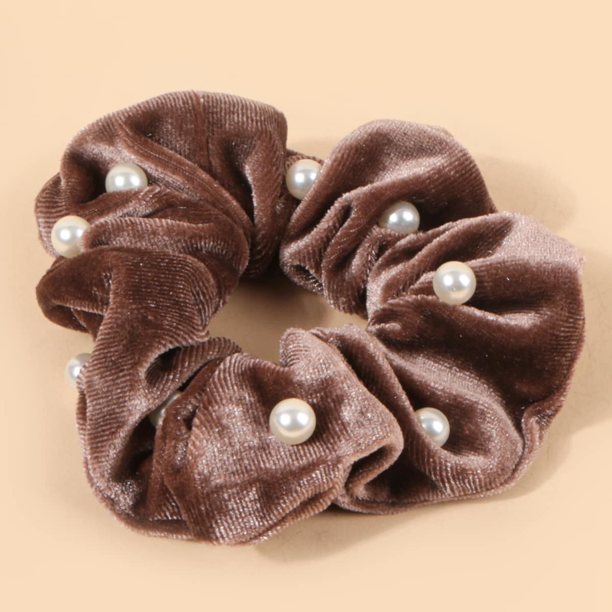 

1pc Faux Pearl Velvet Hair Tie, Coffee brown