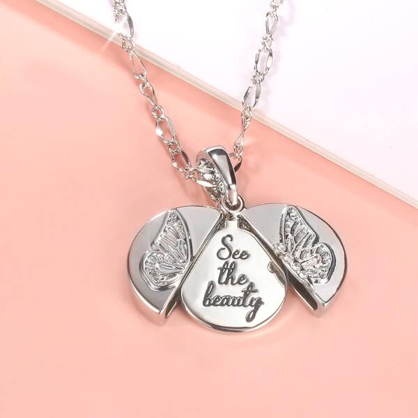 

Butterfly Engraved Round Charm Necklace, Silver