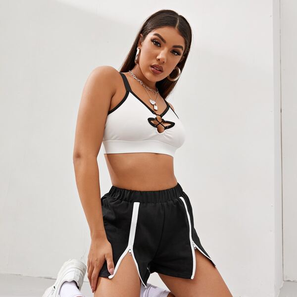 

Zipper Front Elastic Waist Track Shorts, Black