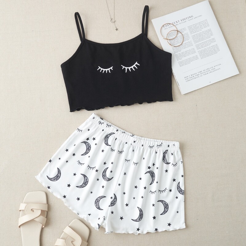 

Lettuce Trim Cami Top & Cartoon Graphic Shorts, Black and white