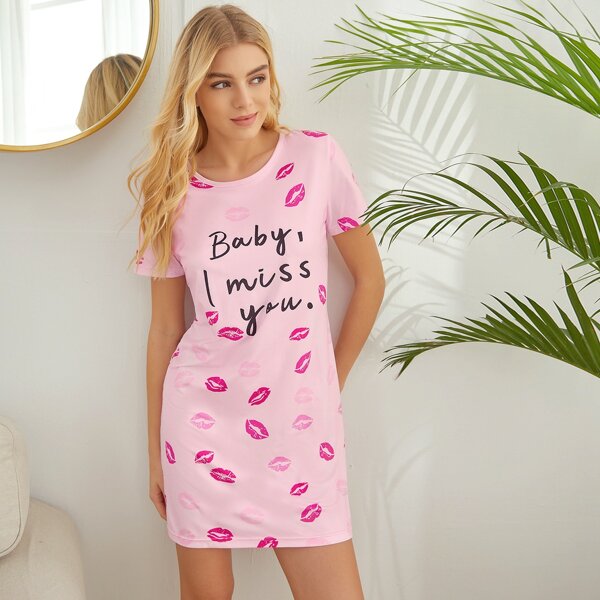 

Slogan Graphic Nightdress, Baby pink