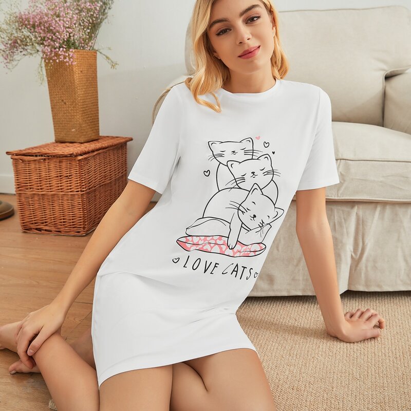 

Cartoon Graphic Night Dress, White