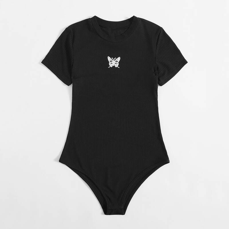 

Butterfly Graphic Ribbed Bodysuit, Black
