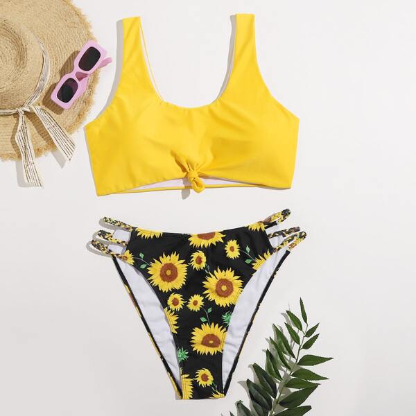 

Plus Sunflower Print Knot Hem Bikini Swimsuit, Multicolor