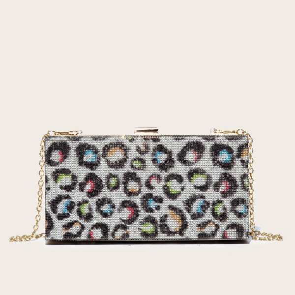 

Rhinestone Decor Leopard Print Chain Bag, Multicolor