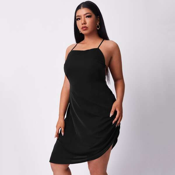 

Plus Criss-cross Open Back Ruched Cami Dress, Black