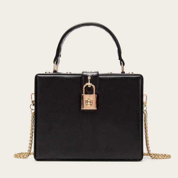 

Lock Decor Chain Satchel Bag, Black