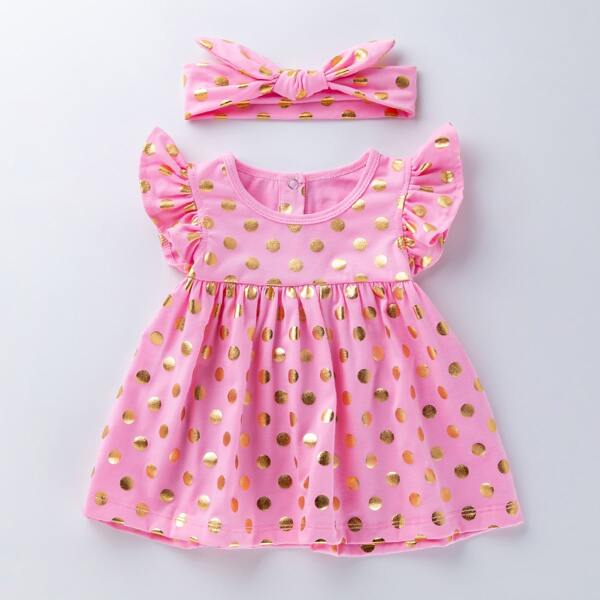 

Toddler Girls Gold Dot Ruffle Smock Dress With Headband, Pink