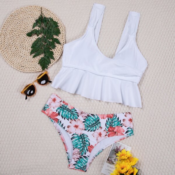 

Floral & Tropical Ruffle Hem Bikini Swimsuit, Multicolor