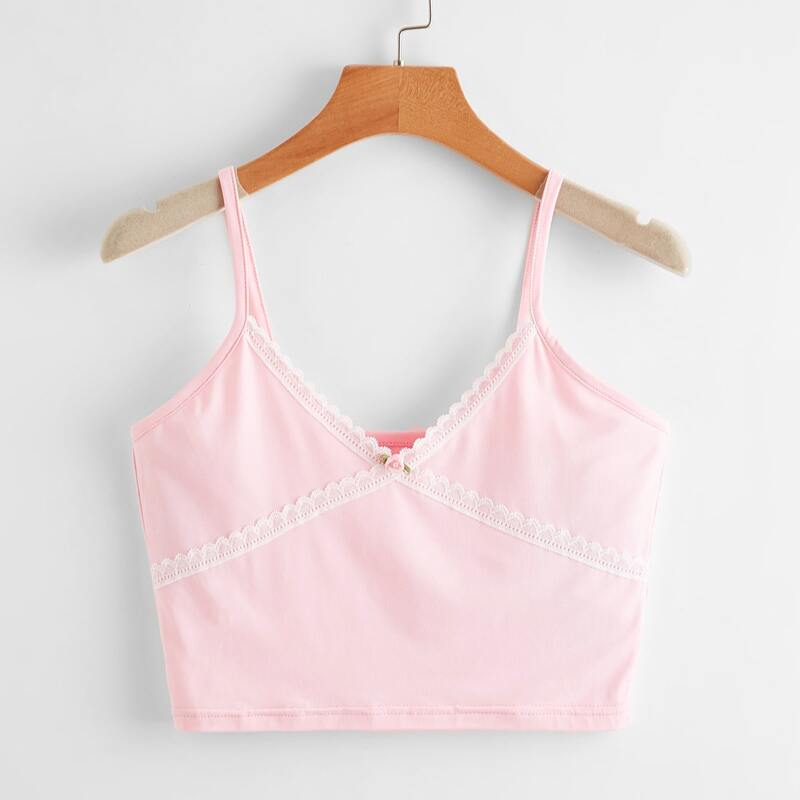 

Contrast Lace Flower Crop Cami, Baby pink
