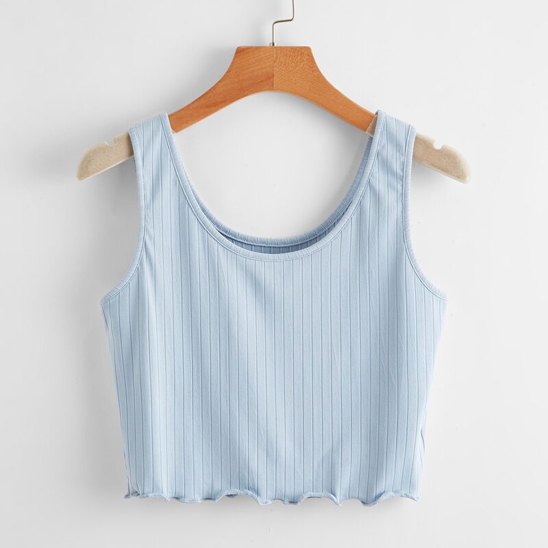 

Solid Ribbed Lettuce Trim Tank Top, Baby blue