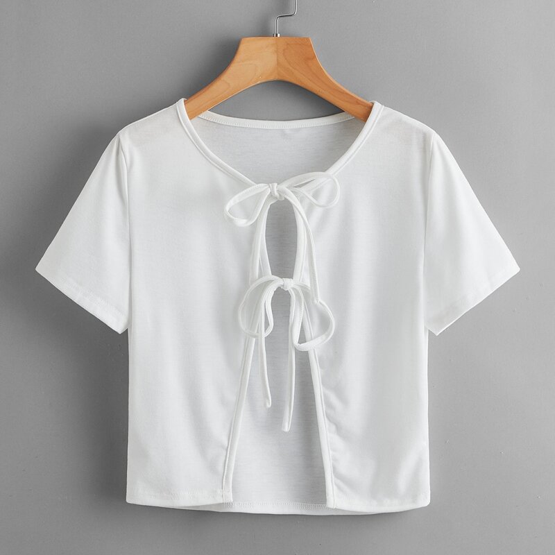 

Solid Tie Front Crop Top, White