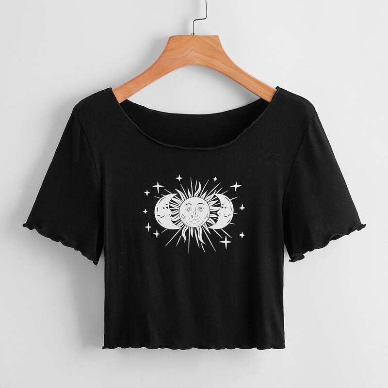 

Sun & Moon Graphic Lettuce Trim Crop Tee, Black