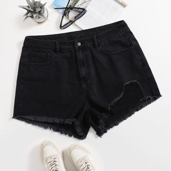 

Plus Raw Hem Distressed Denim Shorts, Black