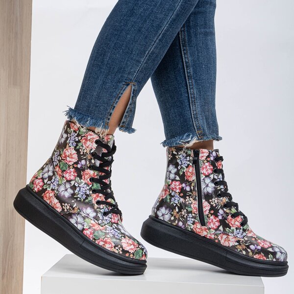 

Allover Floral Lace-up Front Boots, Multicolor