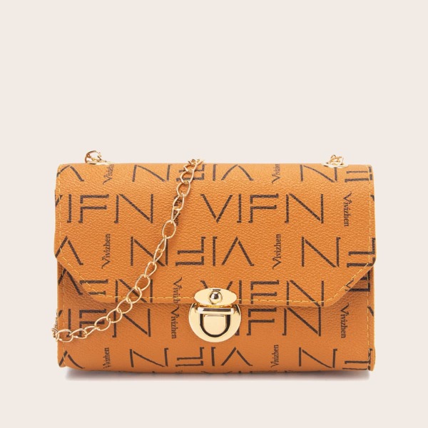 

Allover Letter Graphic Push Lock Chain Bag, Brown