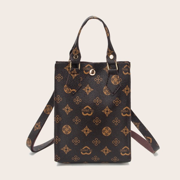 

Geometric Graphic Satchel Bag, Coffee brown