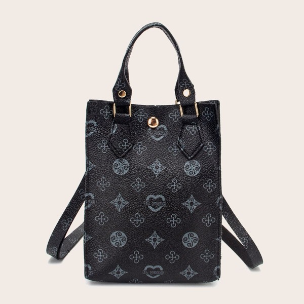 

Geometric Graphic Satchel Bag, Black