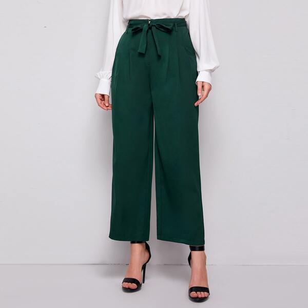 

Wide Leg Solid Belted Pants, Dark green