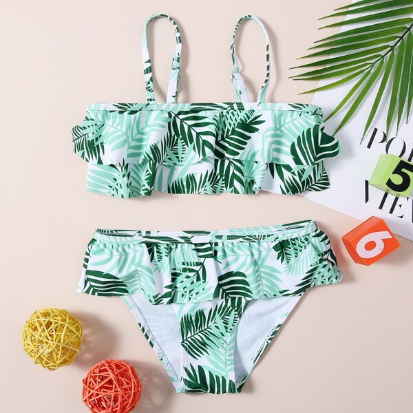 

Girls Tropical Ruffle Bikini Swimsuit, Green