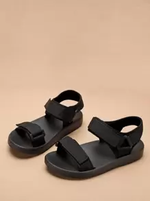 Sandalias deportivas con cierre de velcro doble, sandalias deportivas monocromáticas negras para mujer