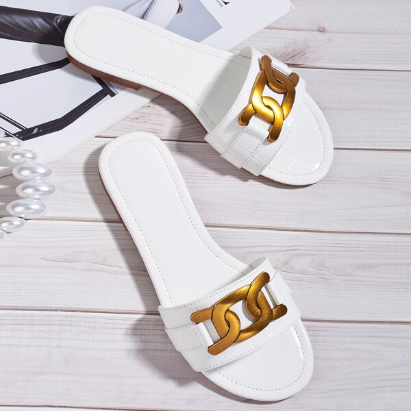 

Metal Decor Slide Sandals, White