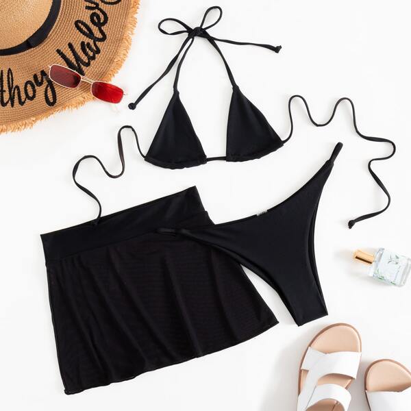 

3pack Micro Triangle Bikini Swimsuit & Beach Skirt, Black