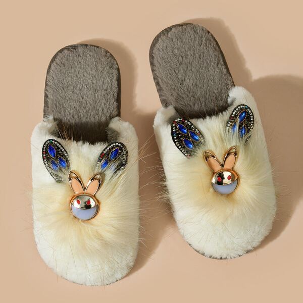 

Gemstone Ear Decor Plush Slippers, Beige