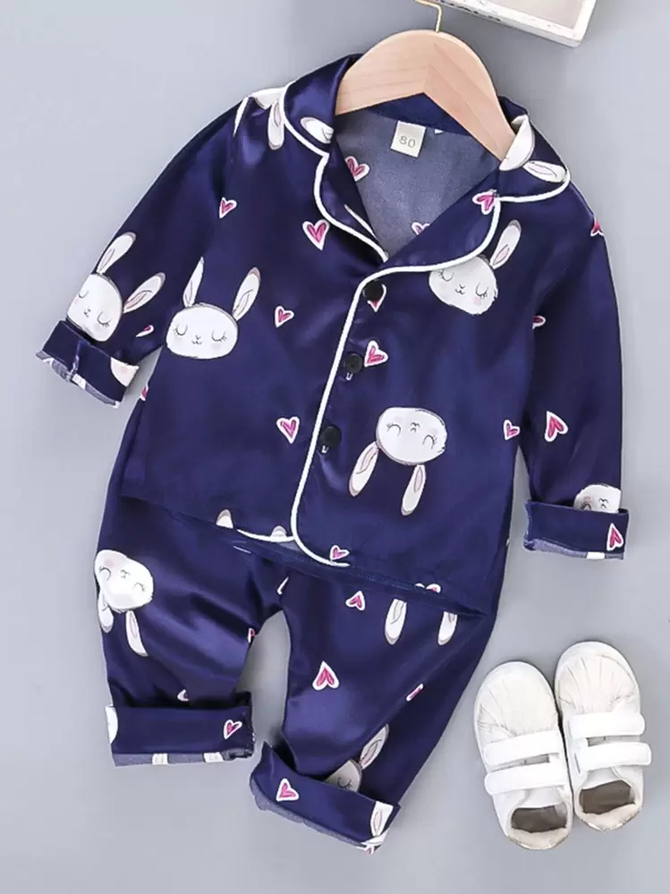 Conjunto De Pijama Para Niñas Pequeñas De Satén Con Estampado De Dibujos Animados Y Corazones - Azul Marino - Añade 1