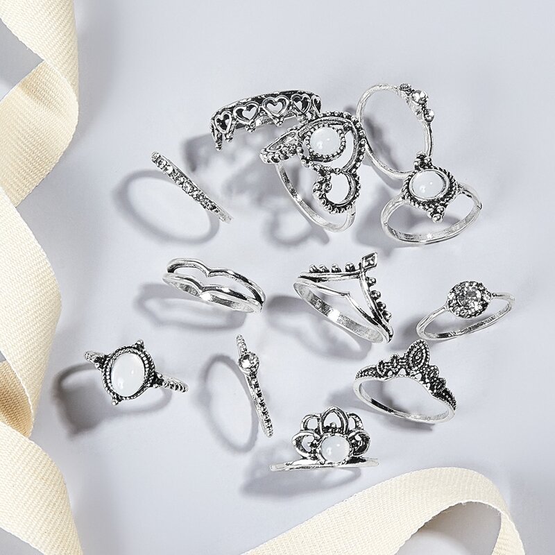 

12pcs Rhinestone Heart Ring, Silver