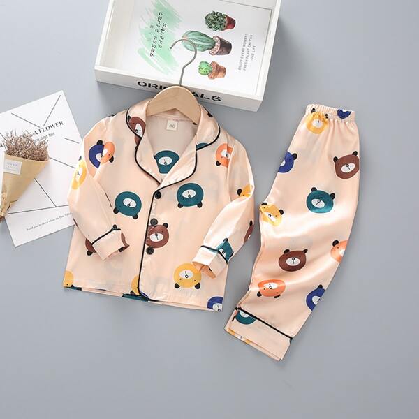 

Toddler Boys Satin Cartoon Bear Print Binding PJ Set, Multicolor