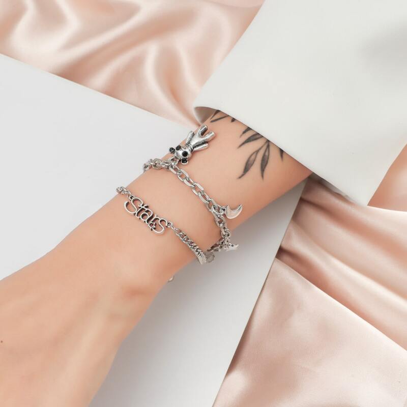 

1pc Moon & Star Chain Bracelet, Silver