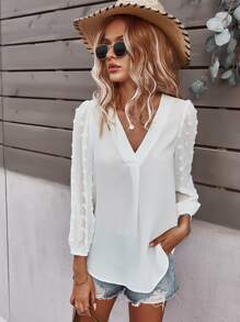SHEIN LUNE Swiss Dot Curved Hem Blouse - White - View 1