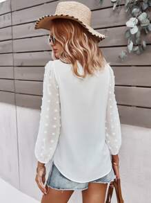 SHEIN LUNE Swiss Dot Curved Hem Blouse - White - View 2