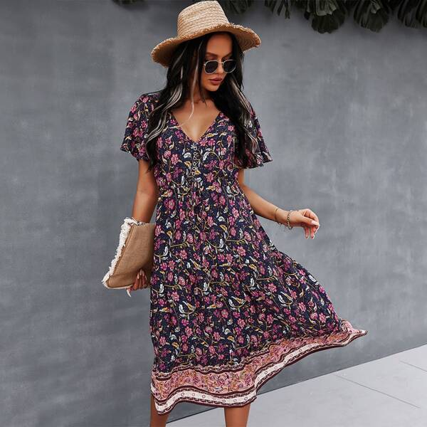 

Allover Floral Print Butterfly Sleeve Dress, Multicolor