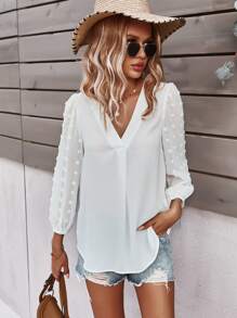 SHEIN LUNE Swiss Dot Curved Hem Blouse - White - View 4