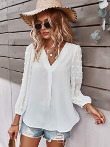 SHEIN LUNE Swiss Dot Curved Hem Blouse - White - View 5