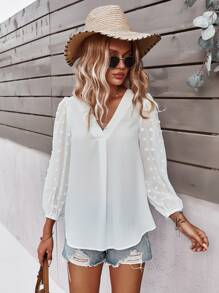 SHEIN LUNE Swiss Dot Curved Hem Blouse - White - View 6