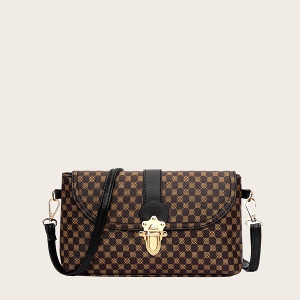 

Geometric Print Push Lock Crossbody Bag, Brown
