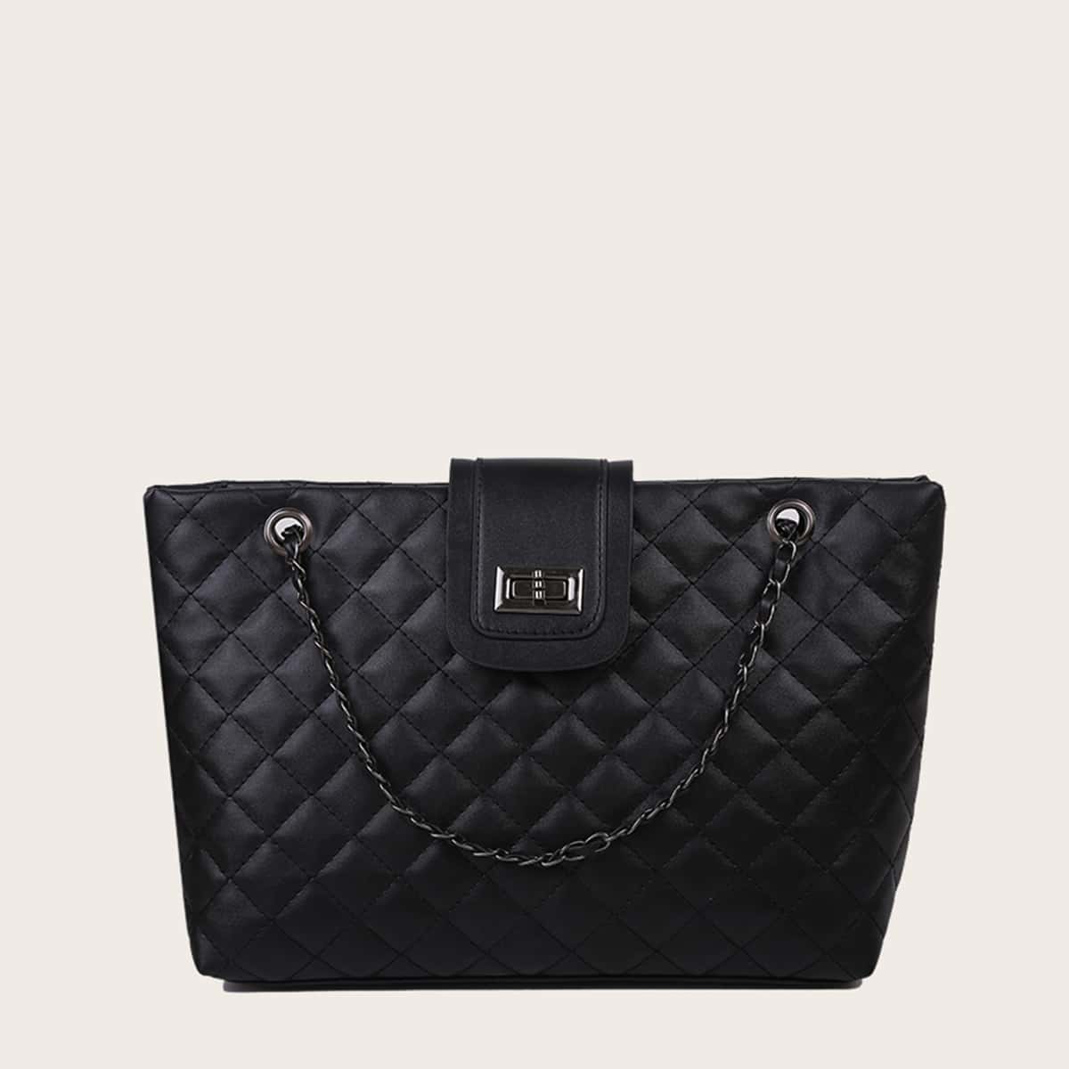 

Quilted Chain Tote Bag, Black