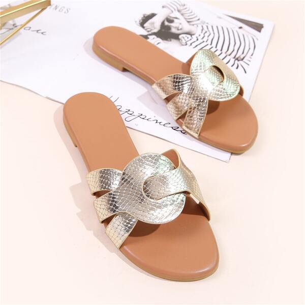 

Metallic Textured Slide Sandals, Gold