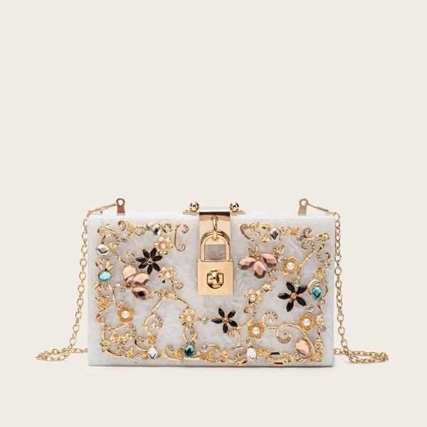 

Rhinestone & Lock Decor Chain Clutch Bag, White