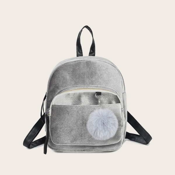 

Pom Pom Decor Velvet Backpack, Grey