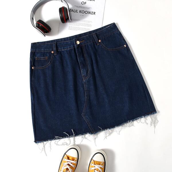 

Plus Raw Hem Straight Denim Skirt, Dark wash