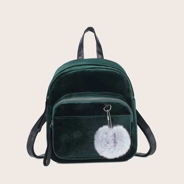 

Pom Pom Decor Velvet Backpack, Green