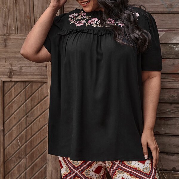 

Plus Floral Embroidery Frill Trim Blouse, Black