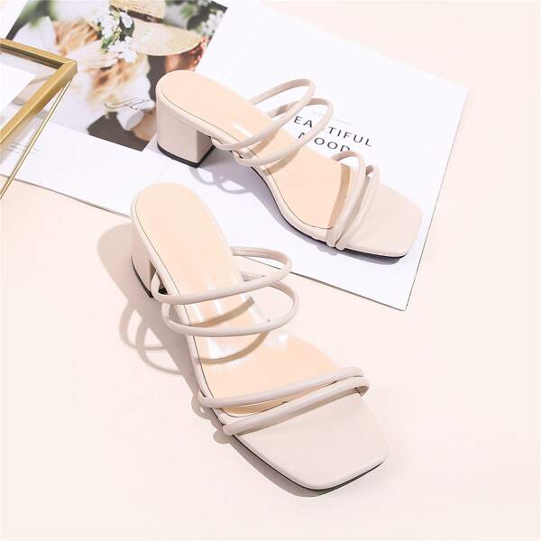 

Thin Strap Chunky Heeled Mule Sandals, Apricot